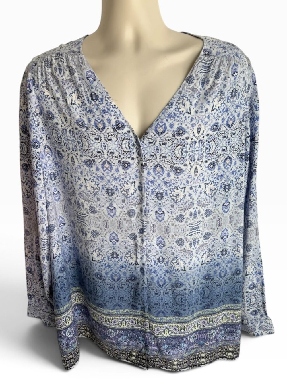 Emma 3X Blue Paisley Print V-Neck Long Sleeve Blouse